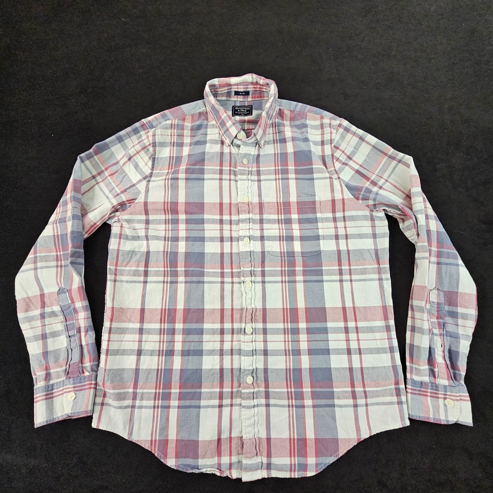 Abercrombie & Fitch White Plaid Long Sleeve Slim Fit Button-Up‎ Shirt Men's XL